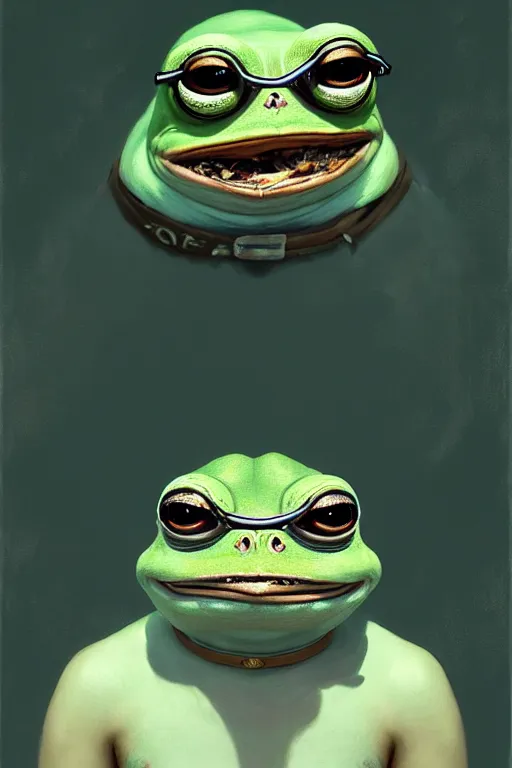 Image similar to portrait of a one - eyed pepe! the frog! drinking coffee in the style of fenghua zhong and ruan jia and jeremy lipking and peter mohrbacher, extremely detailed digital painting, 8 k, natural lighting