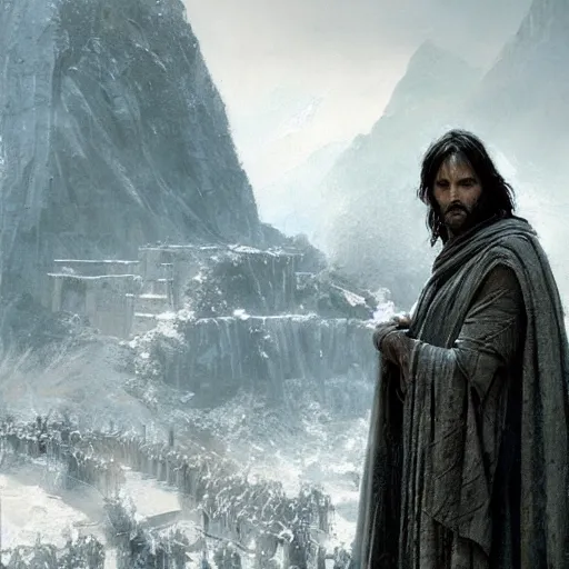 Image similar to aragorn coronation in minas tirith, painting by craig mullins greg rutkowski, strong contrast,