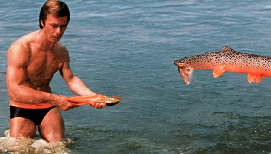 Prompt: 7 0 s movie still of putin in speedo, catching a salmon with his hands, cinestill 8 0 0 t _ 3 5 mm eastmancolor, heavy grain, high quality, high detail