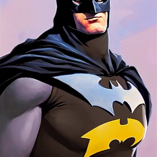 Image similar to Greg Manchess portrait painting of Batman as Overwatch character, medium shot, asymmetrical, profile picture, Organic Painting, sunny day, Matte Painting, bold shapes, hard edges, street art, trending on artstation, by Huang Guangjian and Gil Elvgren and Sachin Teng