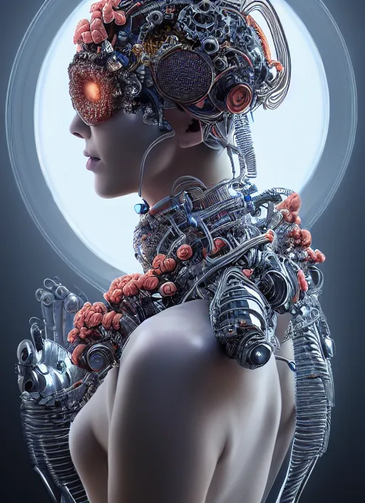 Image similar to portrait of an absurdly beautiful, graceful, sophisticated, fashionable cyberpunk mechanoid, hyperdetailed illustration by irakli nadar and alexandre ferra, intricate linework, white porcelain skin, faberge, coral headdress, unreal engine 5 highly rendered, global illumination, radiant light, detailed and intricate environment