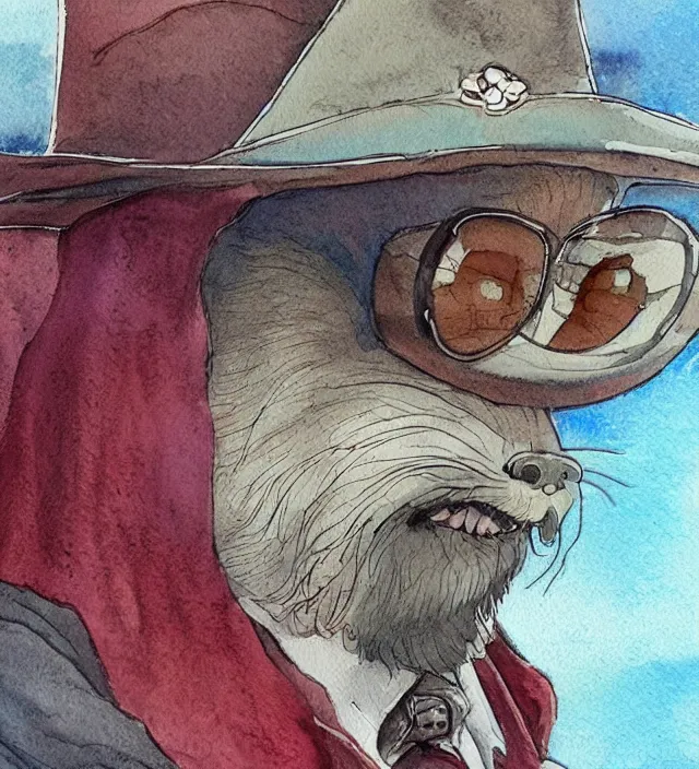 Image similar to a watercolor ink painting of an anthropomorphic dog wizard / sheriff in the style of jean giraud in the style of moebius trending on artstation deviantart pinterest detailed realistic hd 8 k high resolution