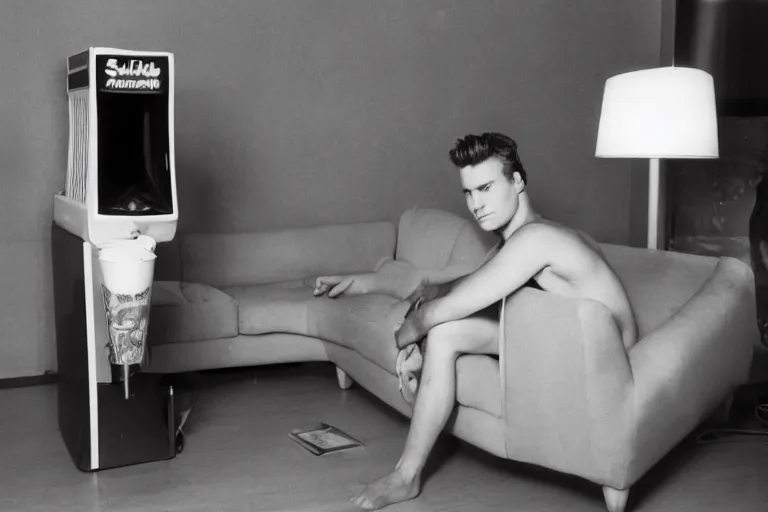 Image similar to an extremely realistic life-sized slushie machine made of porcelain, handsome male model sitting on a gray couch, from 1985, bathed in the glow of a television, low-light photograph