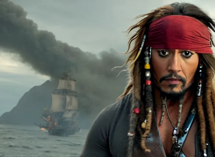 Image similar to film still of dwayne the rock johnson as captain jack sparrow in the new pirates of the carribean movie, 4 k