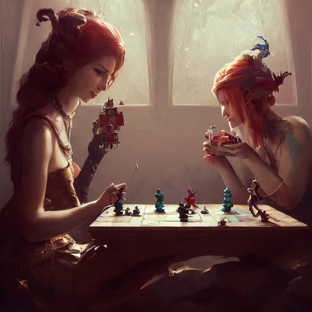 Image similar to a painting of two queens playing games by greg rutkowski, dark fantasy art, high detail, trending on artstation