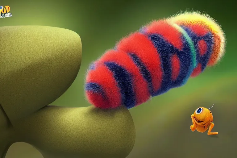 Image similar to disney pixar's a bug's life, cgi caterpillar colorful, furry caterpillar