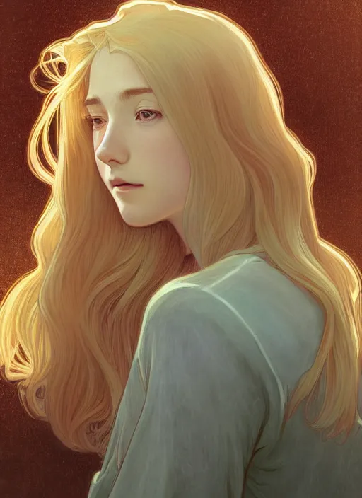 Image similar to pretty young man with shoulder length shiny shimmering golden blond hair, head down, demure, shy, path traced, highly detailed, high quality, digital painting, by studio ghibli and alphonse mucha, leesha hannigan, disney