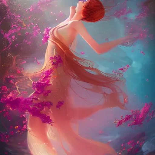 Image similar to Ginger woman in a swirling sundress of flowers, underwater, floral explosion, radiant light, vortex of plum petals, by WLOP and artgerm, artstation, deviantart