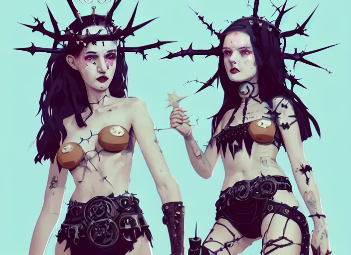 Image similar to portrait of two cute goth maiden girls with crown of thorns and white short hairs, dressed in belts bikini, warhammer, cyberpunk, by atey ghailan, by greg rutkowski, by greg tocchini, by james gilleard, by joe gb fenton, by kaethe butcher, dynamic lighting, gradient light blue, brown, blonde cream and white color in scheme, grunge aesthetic