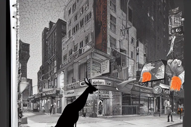 Image similar to an orange llama wearing a 1 9 4 0's noire detective outfit, standing in the streets of chicago at night looking at a crime scene, crime scene photography by moebius, junji ito, tristan eaton, victo ngai, artgerm, rhads, ross draws, hyperrealism, intricate detailed, risograph, optical illusion