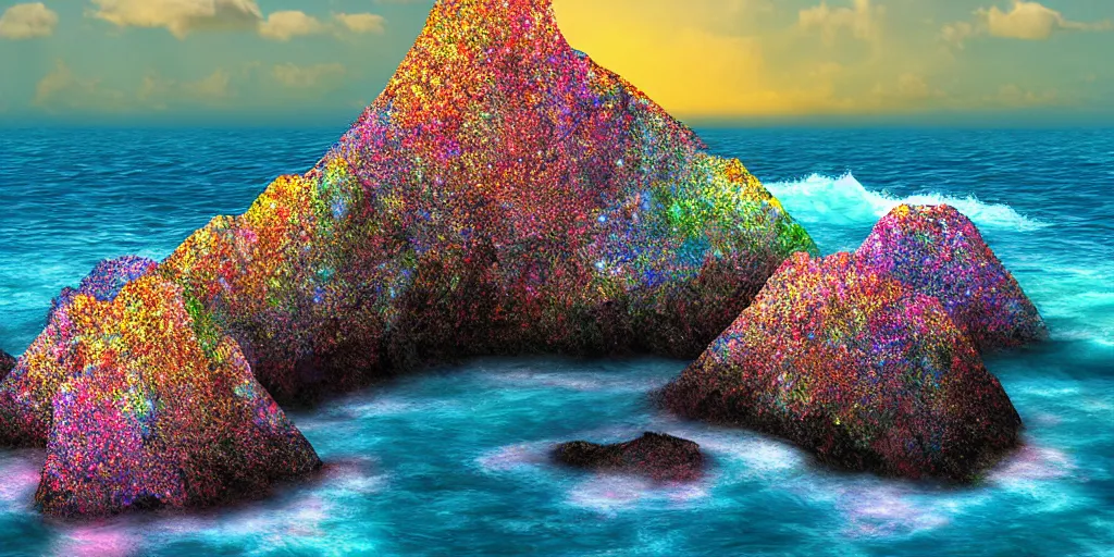 Image similar to glittering multicolored crystal cliffs, viewed from the ocean, high quality digital art,