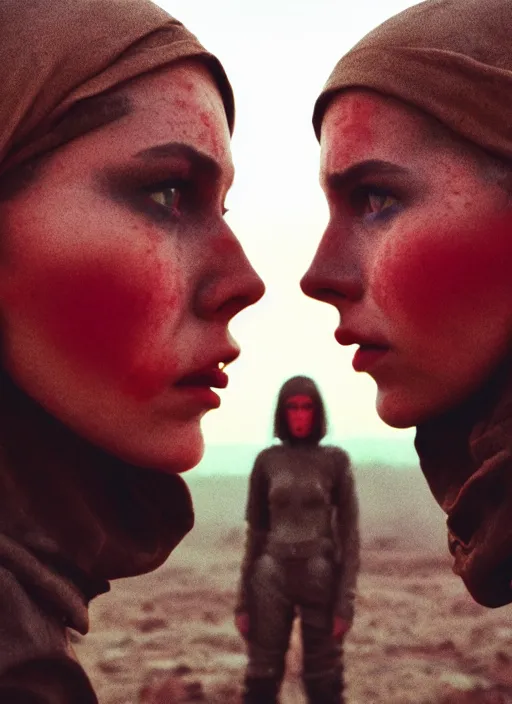 Prompt: cinestill 5 0 d photographic portrait of two loving female androids wearing rugged black techwear on a desolate plain with a red sky in front of a brutalist structure by steve mccurry, extreme closeup, cyberpunk style, dust storm, 8 k, hd, high resolution, 3 5 mm, f / 3 2, ultra realistic faces, ex machina
