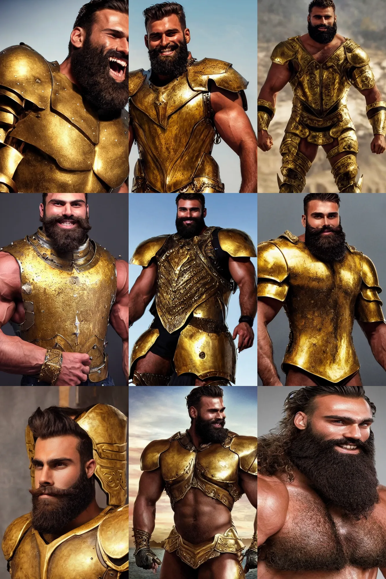 Prompt: beautiful gigachad with thick brown beard, huge glistening muscles, big smile, wearing golden armour. hd dolby digital, acrylic masterpiece.