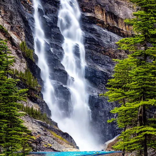 Image similar to a kayak descends Takakkaw Falls waterfall in Yoho National Park, tourism photo done in the style of National Geographic with zoom