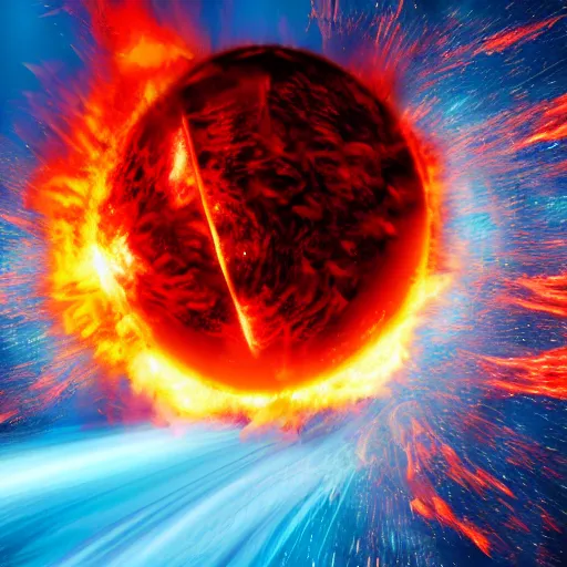 Image similar to red hot burning sphere embedded in fireball explosion with fire, 4 k