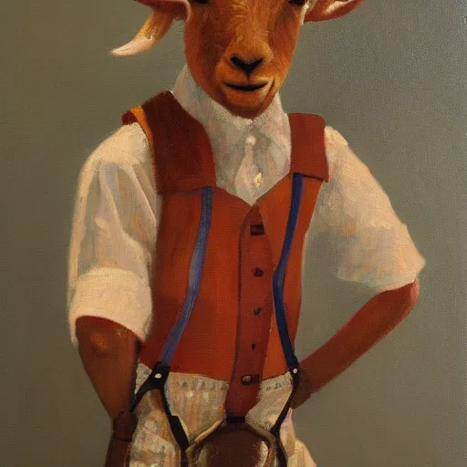 Prompt: oil painting of an anthro goat wearing suspenders