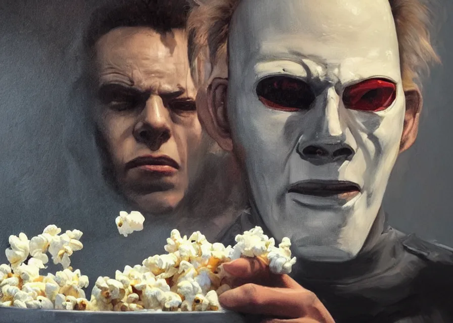 Image similar to dynamic portrait painting of Michael Myers sitting in a movie theater eating popcorn, sharp focus, face focused, trending on ArtStation, masterpiece, by Greg Rutkowski, by Ross Tran, by Fenghua Zhong, octane, soft render, oil on canvas, moody lighting, high contrast, cinematic, professional environmental concept art