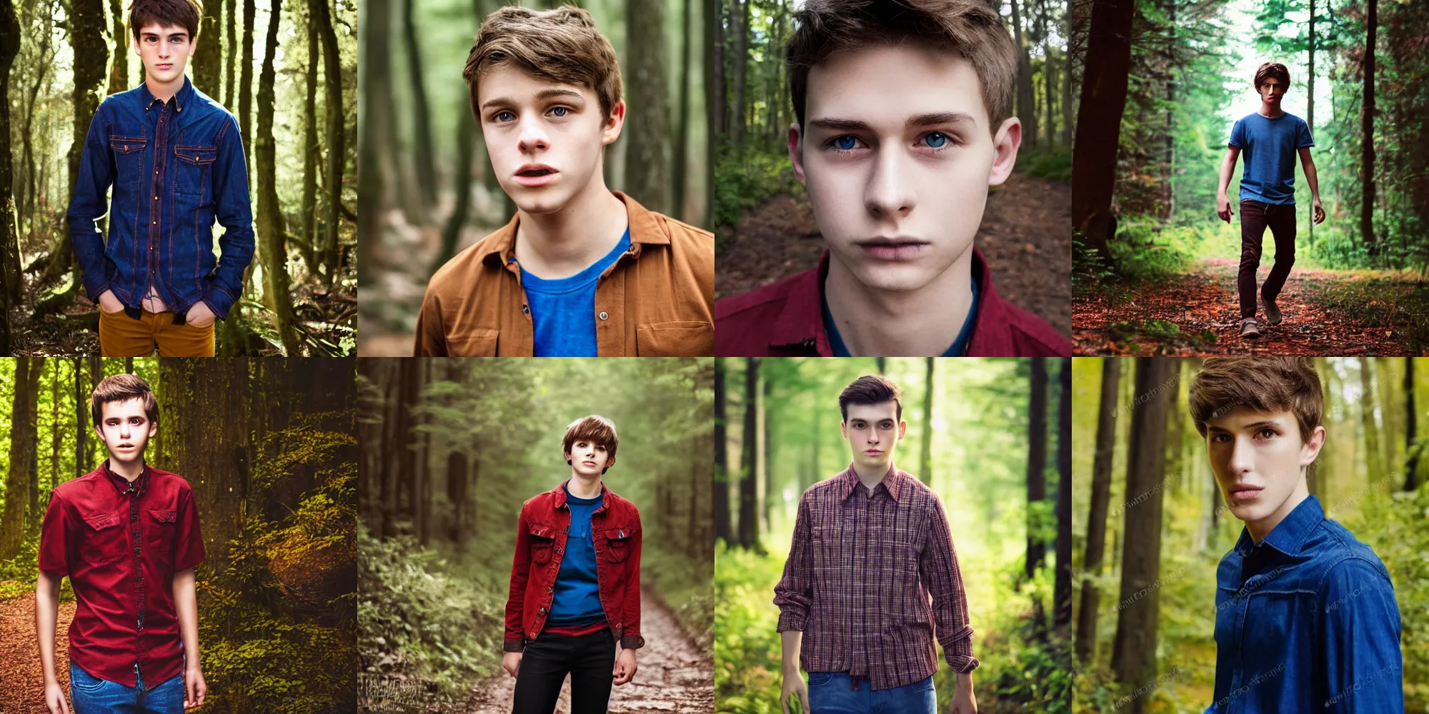 Prompt: walking in forest, portrait, male teenager, brown hair, red shirt, blue jeans, dark shaped eyes, detailed face, realistic photo.