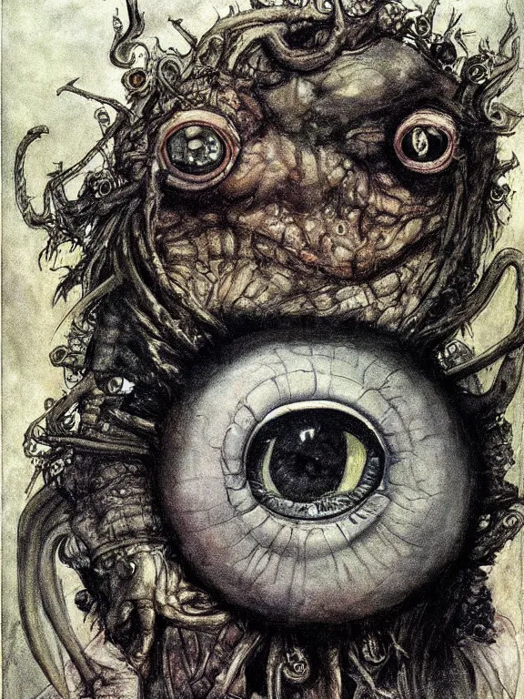 Prompt: one-eyed single-eyed 1-eyed fantasy Polyphemus concept art with one huge eye. Extremely high detail, details, realistic, fantasy art, solo, masterpiece, portrait painting, saturated colors, art by Arthur Rackham, Muzinabu, Johann Tischbein