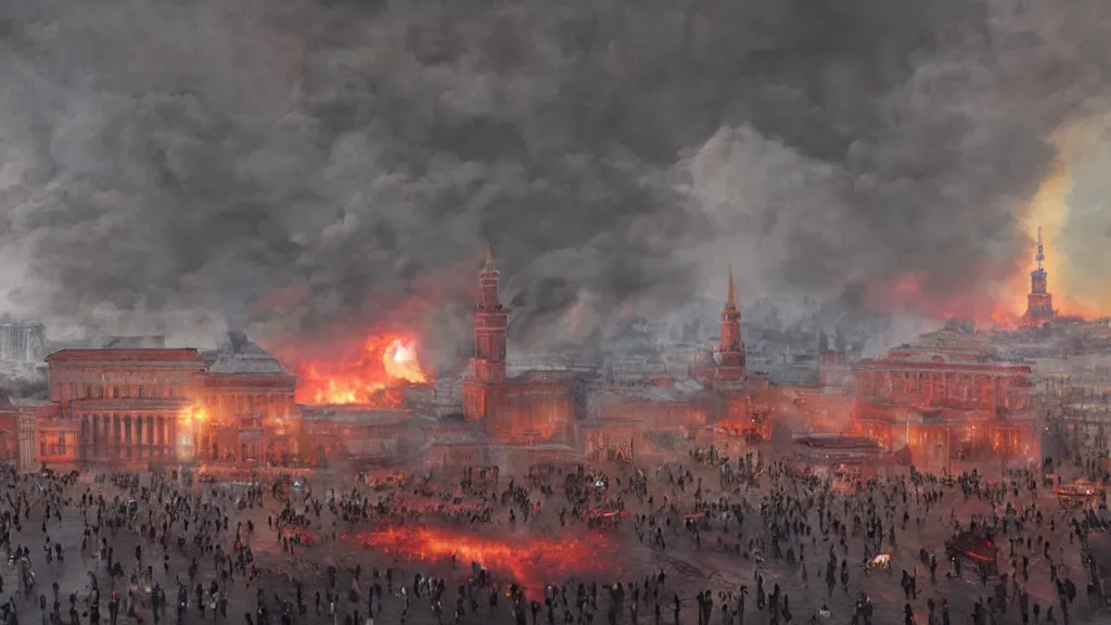 Prompt: ukranian army storming red square with fire and smoke burining in the background, lightning strikes, volumetric lightning by eugene von guerard, ivan shishkin, dramatic lighting, concept art, trending on artstation, 8 k