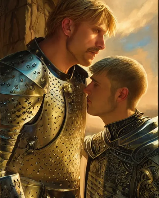 Image similar to attractive arthur pendragon confesses his love for his attractive male knight, highly detailed, very intricate, cinematic lighting, by donato giancola and rossdraws and magali villenueve, featured on artstation