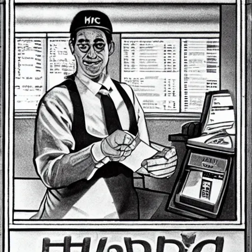 Image similar to Miklos Horthy as a McDonalds cashier, detailed, realistic