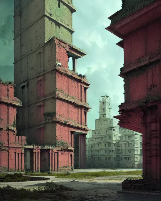 Image similar to hyperrealistic 3d render highly detailed baroque mecha iridescent pink brutalist city ruins background concept art unreal engine!! santiago caruso de chirico sharp very dramatic green light 8k low angle shallow depth of field