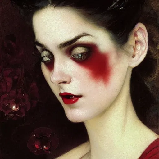 Prompt: portrait of a very very beautiful vampire by Stanley Artgerm Lau , greg rutkowski, thomas kindkade, alphonse mucha, loish, norman rockwell, J. C. Leyendecker. dark black hair, pale skin, detailed eyes, red lips, vibrant colour. Trending on artstation rule of thirds extremely detailed 1800s oil painting hd 4k