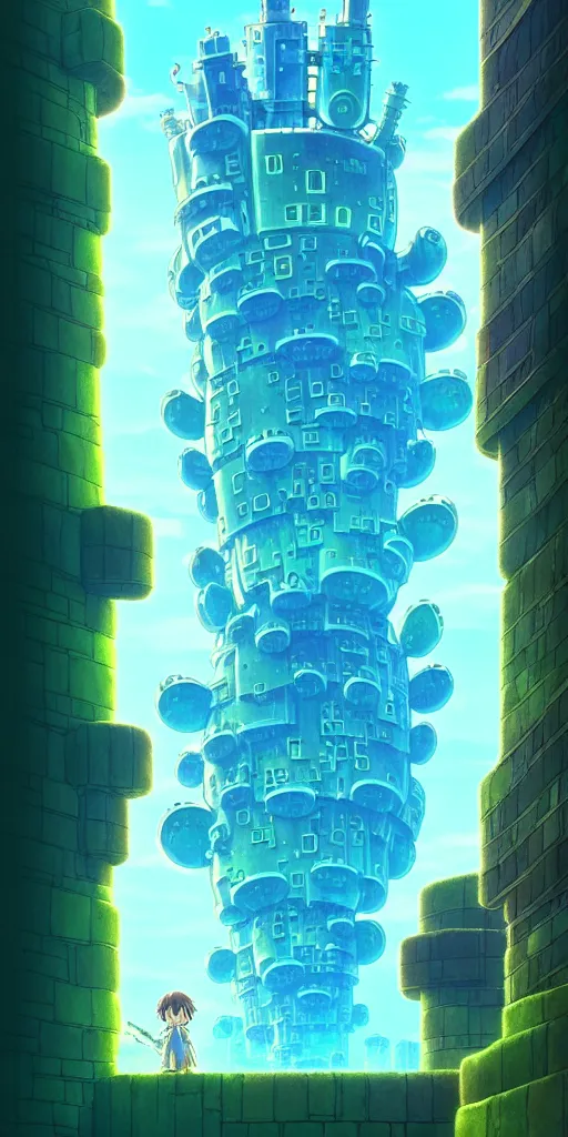 Image similar to a huge blue tiled apartment building of howl's moving castle ghibli, by vincent di fate nausicaa, ghibli, breath of the wild, epic composition, green plants