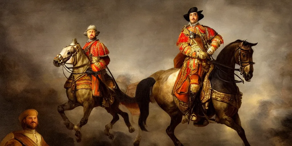 Prompt: the arrival of the greatest french emperor on horseback, emmanuel macron. highly detailed. photo with lighting in the style of rembrandt