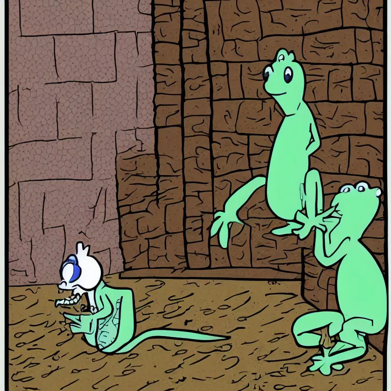 Prompt: a lizard sitting in a corner crying while being bullied by other animals, cartoon style