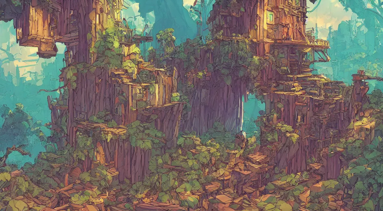 Image similar to open door wood wall fortress child house flag amazon jungle on portal unknow world ambiant fornite colorful that looks like it is from borderlands and by feng zhu and loish and laurie greasley, victo ngai, andreas rocha, john harris