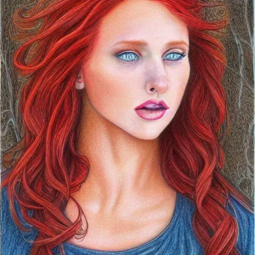 Prompt: full body detailed colored pencil drawing of a beautiful red haired woman with a beautiful face, high detail, intricate clothing