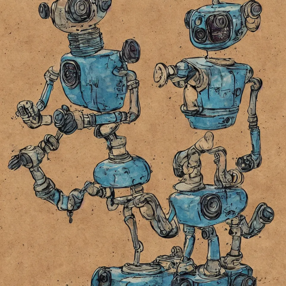 Prompt: a detailed illustration of a cute retro robot dog, alcohol inks on parchment, muted colors, detailed, textured parchment background, 1 9 5 0 s concept art