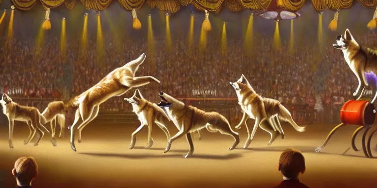 Prompt: wolves perfoming in the circus. long shot. oil paint. extremely high detail