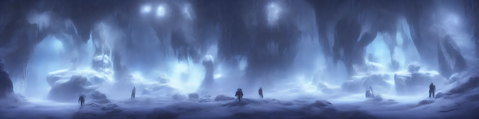 Image similar to huge snow cave with cinematic lighting in the style of ori and the blind forest, highly detailed, digital art 4k, 8k