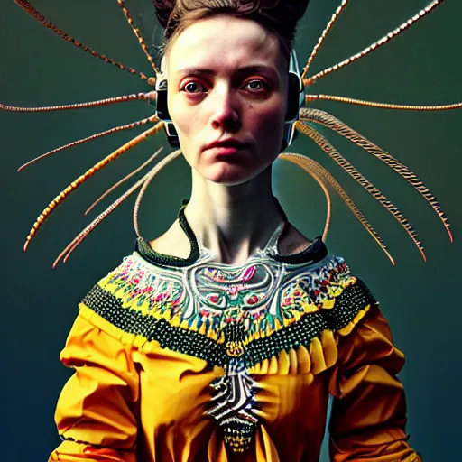 Image similar to Colour Caravaggio style Photography of Highly detailed beautiful Woman with 1000 years detailed face and wearing detailed Ukrainian folk costume designed by Taras Shevchenko also wearing highly detailed retrofuturistic sci-fi Neural interface designed by Josan Gonzalez. Many details In style of Josan Gonzalez and Mike Winkelmann and andgreg rutkowski and alphonse muchaand and Caspar David Friedrich and Stephen Hickman and James Gurney and Hiromasa Ogura. Rendered in Blender and Octane Render volumetric natural light