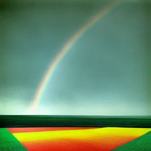 Prompt: serenity green landscape with Rainbow by Rinko Kawauchi, Saudek, Beksinski