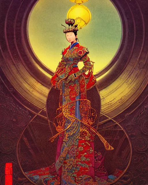 Image similar to chinese empress, character portrait, portrait, close up, concept art, intricate details, highly detailed, ornate, chinese patterns, soft light, vintage sci - fi poster, in the style of chris foss, rodger dean, moebius, michael whelan, and gustave dore