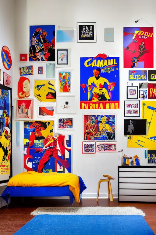 Image similar to boy room with full of pop art poster, and scattered clothes mural, photorealistic, smooth, 4 k, aesthetic lighting, baroque object, sharp focus, hyperdetailed, professional photography, pullitzer winning, photo by : canon eos 5 d mark iv, by karah mew and adnan abidi and jodie bateman