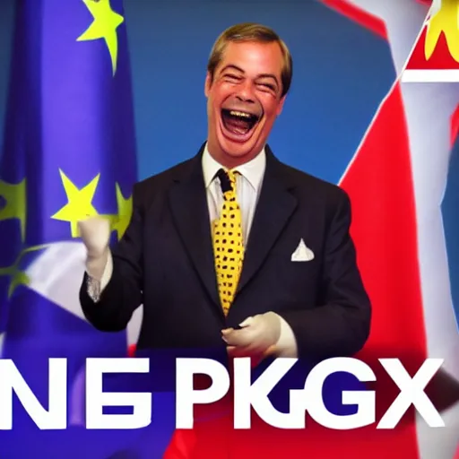 Image similar to nigel farage laughing holding burning eu flag, photograph, hd