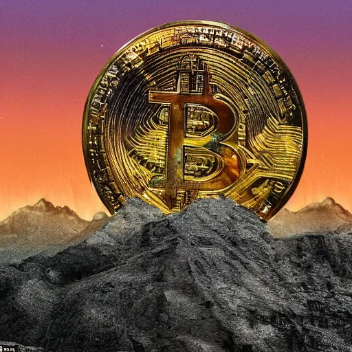 Image similar to a mountain made out of computer screens that display bitcoin logos, cinematic, post - apocalyptic landscape, harsh contrast lighting, in the style of surrealism, made by salvador dali