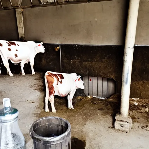 Prompt: dirty bottle of milk and a cow inside slaughterhouse