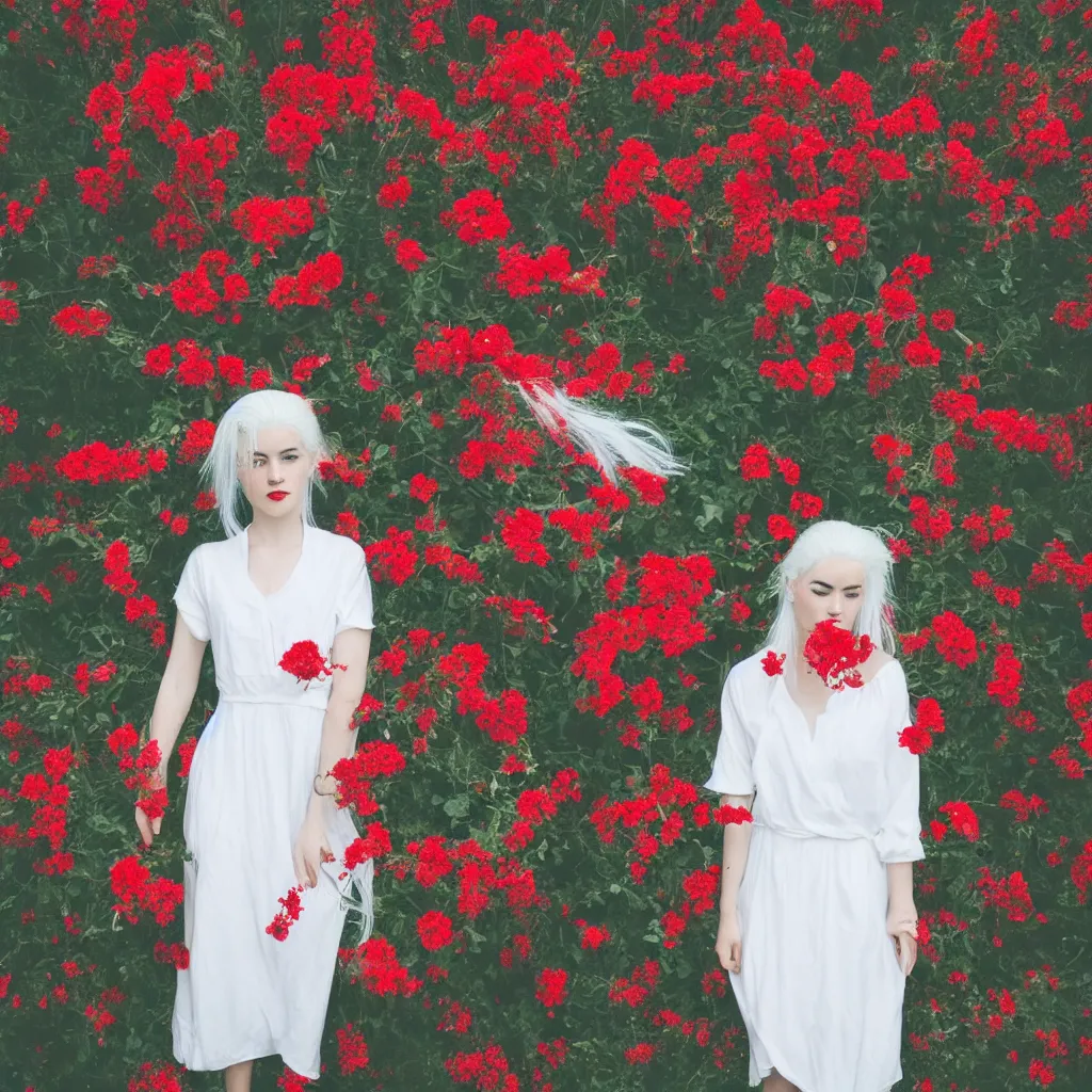 Image similar to girl with white hair in a white dress, red flowers, aesthetics, gradient