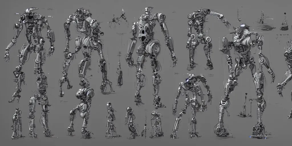 Prompt: future robot, character sheet, concept design, contrast, kim jung gi, greg rutkowski, zabrocki, karlkka, jayison devadas, trending on artstation, 8 k, ultra wide angle, pincushion lens effect