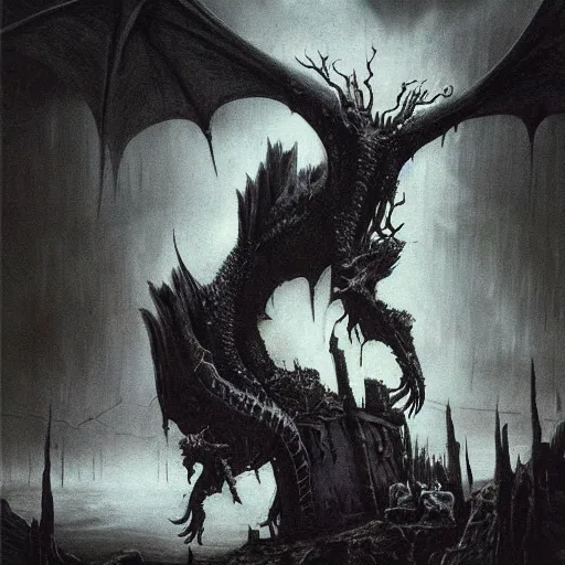 Prompt: vampire dragon beksinski, eldritch, apocalypse, creepy creature, horror spooky