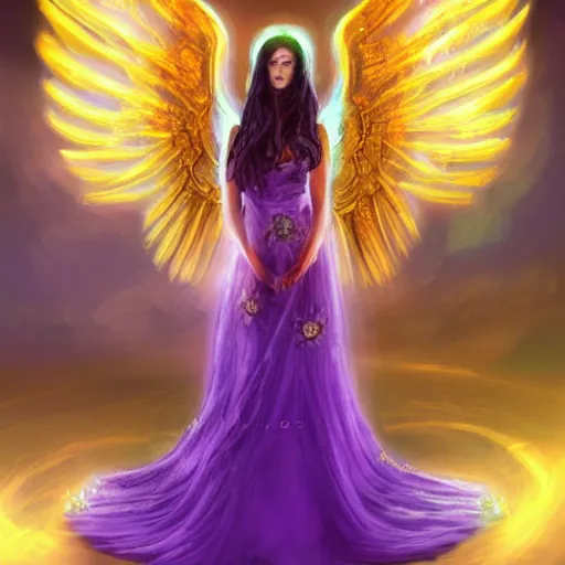 Prompt: a gorgeous woman with an extravagant purple dress kneels before an altar, praying with her head bowed down, illuminated by candlelight, angel wings, high fantasy art, illustrative, digital art, 3 d modeling, light painting, night scene, realistic art, illustration, painted