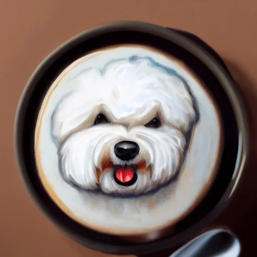 Image similar to a closeup photorealistic photograph of barista drawing bichon frise shaped latte art in a cup. professional capture, well lit shot. this 4 k hd image is trending on artstation, featured on behance, well - rendered, extra crisp, features intricate detail, epic composition and the style of unreal engine.