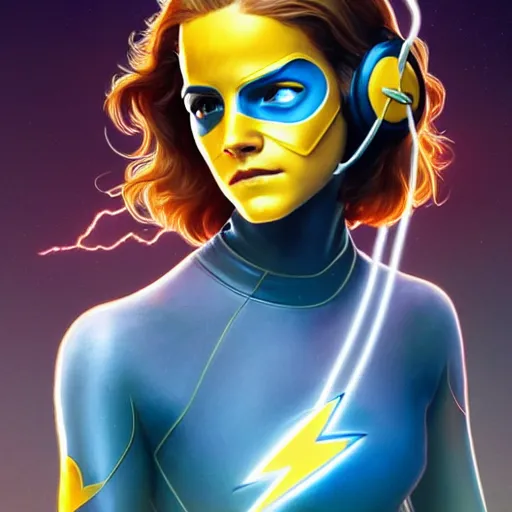 Image similar to beautiful Emma Watson as Kid Flash with lightning bolt headset, western, closeup, D&D, fantasy, intricate, elegant, highly detailed, digital painting, artstation, concept art, matte, sharp focus, illustration, art by Artgerm and Greg Rutkowski and Alphonse Mucha