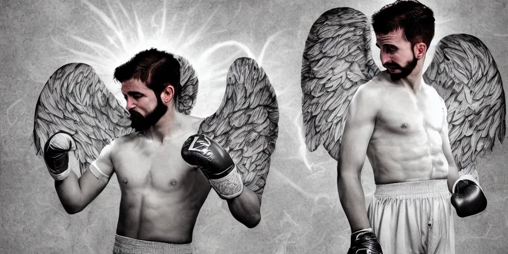 Prompt: an angelic man with boxing gloves, angel wings, a halo and a mustache, digital art